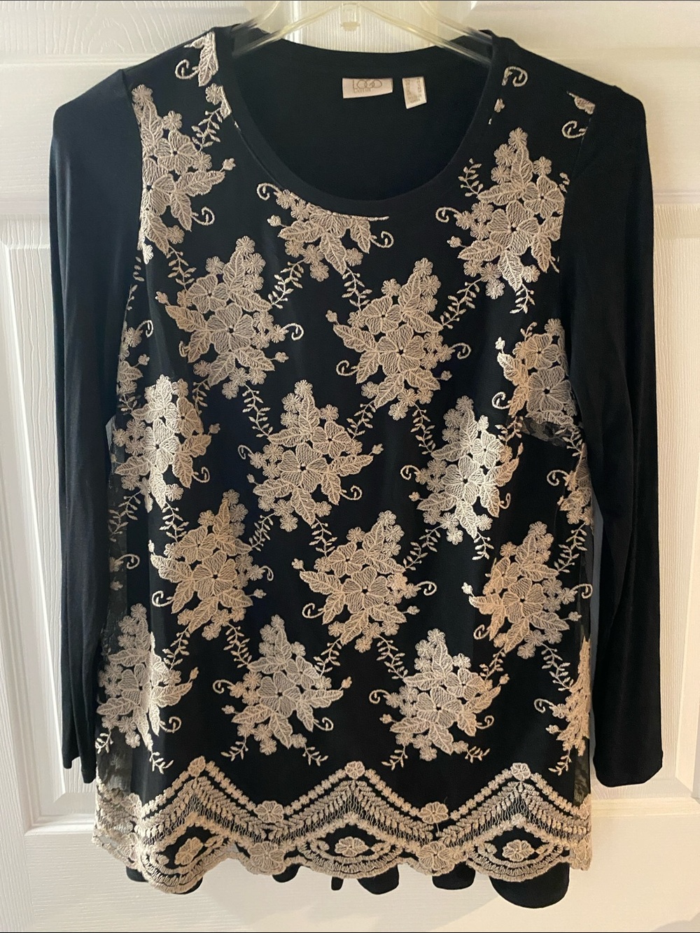 LOGO by Lori Goldstein Black Long Sleeve Top with Beige Floral Lace Appliqué